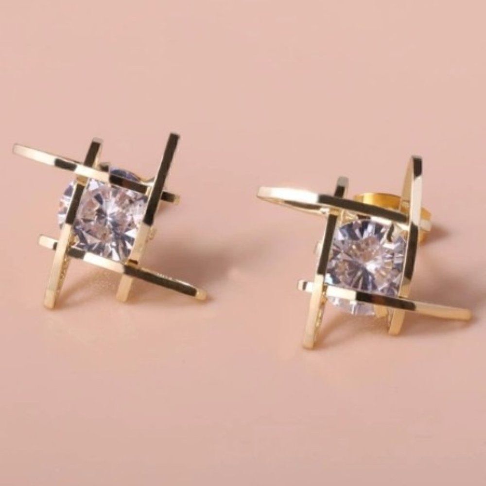GOLD 3D CAGED CUBIC ZIRCONIA EARRINGS